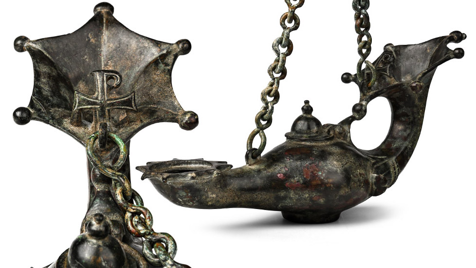 Byzantine Bronze Oil Lamp with Chain and Chi Rho