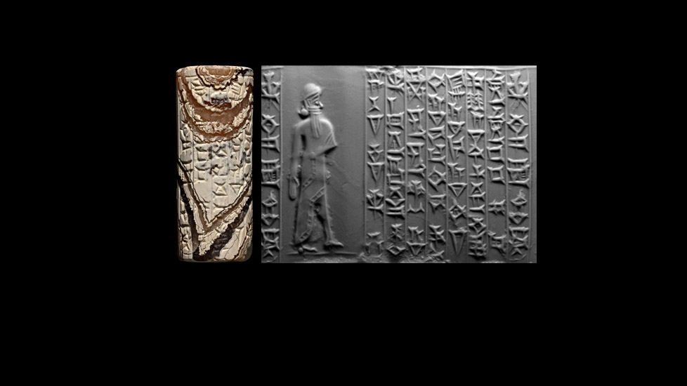 Kassite Cylinder Seal with Standing God and Sumerian Prayer to Adad, the God of Storm