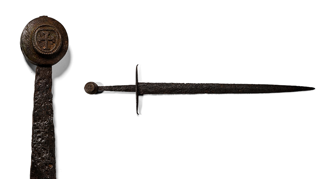 Medieval Iron Hand-and-Half Sword with Bronze Pommel with Coat of Arms