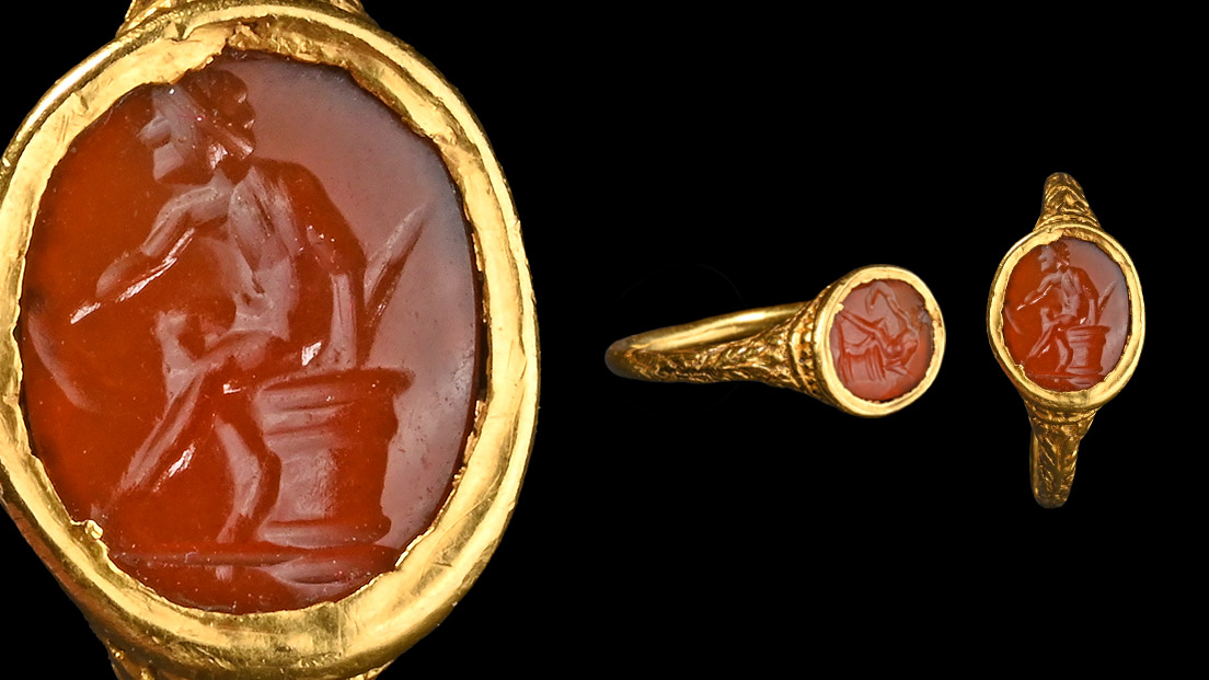 Renaissance Gold Ring with Carnelian Gemstone of a Seated Warrior