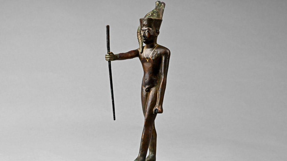 Large Egyptian Bronze Statue of the God Ihy with Gold Necklace and Silver Inlaid Eyes