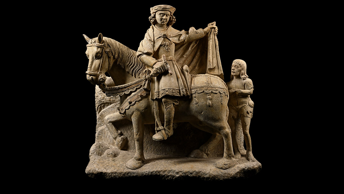 <slwhite>Large Medieval Carved Limestone of St Martin on Horseback with Cloak and Beggar<slwhite>
