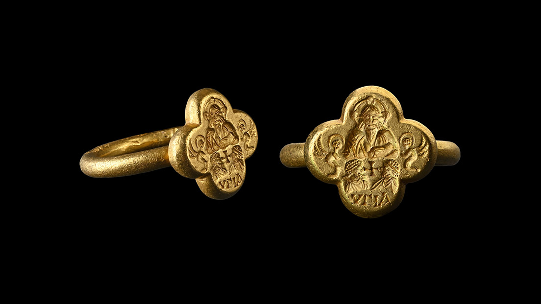 <slwhite>Heavy Byzantine Gold Marriage Ring with Christ and Facing Couple<slwhite>