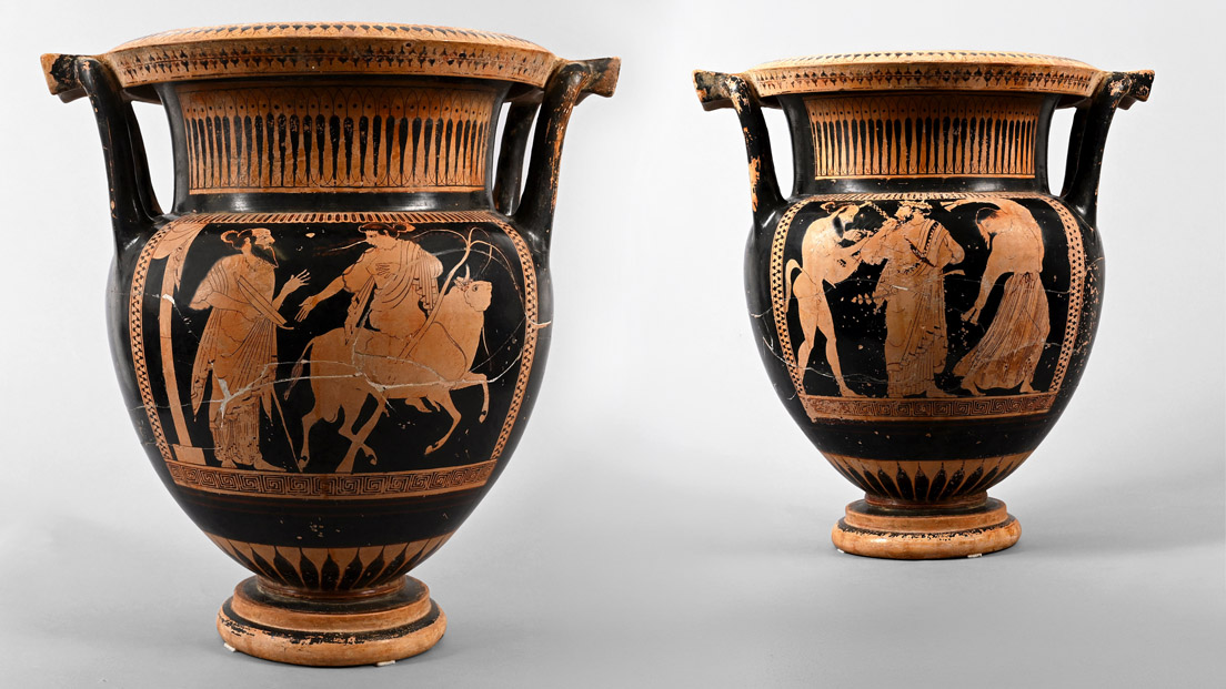<slwhite>Large Greek Red-Figure Column Krater with Bull and Rider<slwhite>