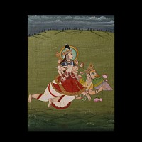 Indian Kangra School Watercolour Painting Depicting Goddess Lakshmi Seated on Garuda