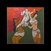 Indian M.F. Husain Painting with Dancers Holding Doves