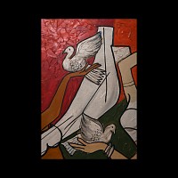 Indian M.F. Husain Painting with Dancers Holding Doves