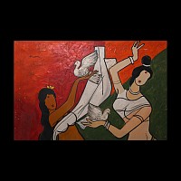 Indian M.F. Husain Painting with Dancers Holding Doves