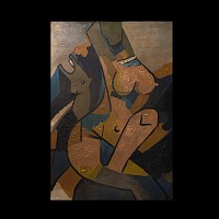 Indian M.F. Husain Painting of Taming the Beast