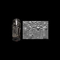 Neo-Assyrian Black Jasper Cylinder Seal with Cultic Banquet Scene