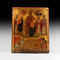 Greek Icon with Virgin and Saints George and Demetrius on Horseback