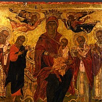 Greek Icon with Virgin and Saints George and Demetrius on Horseback