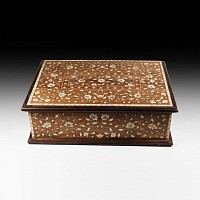 Post Medieval Wooden Box with Bone Inlays and Key