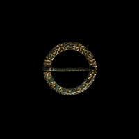 Medieval Gilt Bronze Ring Brooch with Flowers and Magical Symbols