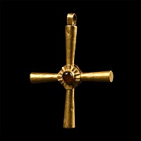 Gold Byzantine Style Cross Pendant with Garnet