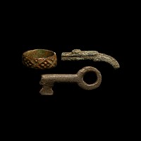 Georgian Toy Bronze Pistol, Ring and Key Group