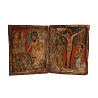 Late Medieval Ethiopian Wooden Diptych Depicting the Crucifixion and Resurrection