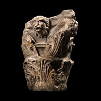Medieval Stone Column Capital with Lion and Human Face