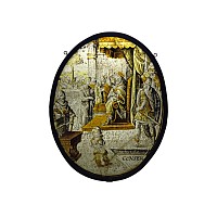 Medieval Stained Glass Roundel with Joseph in Front of the Pharaoh
