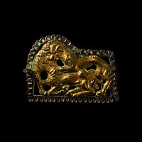 Central Asian Silver-Gilt Zoomorphic Belt Plaque with Attack Scene