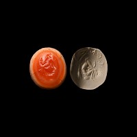 Roman Inscribed Orange Sardonyx Gemstone with Philosopher Seated Under a Tree