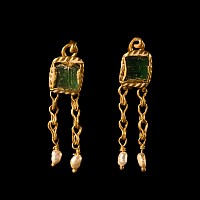Roman Gold Earring Pair with Green Glass and Pearl Drops