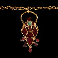 Dark Age Gold and Gemstone Pendant Cross Necklace with Dove-Shaped Garnets