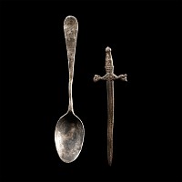 Post Medieval Silver Spoon with Monogram and Bronze Sword Retainer's Badge
