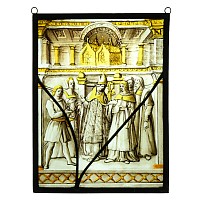 Medieval Stained Glass Panel with Bishop Hearing Disputes Beneath Gold Reliquary Caskets