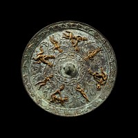 Chinese Tang Style Gilt Bronze Mirror with Erotic Scenes