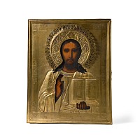 Russian Orthodox Painted Icon with Gilt Brass Oklad