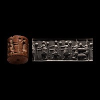 Sumerian Pink Stone Cylinder Seal with Processional Scene
