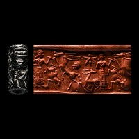 Western Asiatic Black Stone Cylinder Seal with Figural Combat Scene