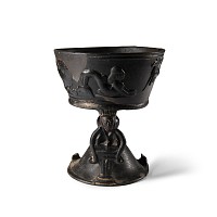 Etruscan Bucchero Chalice with Mythical Beasts, Animals, and Caryatid