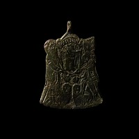 Large Medieval Bronze Heraldic Horse Harness Pendant with Figures Holding a Shield with Crested 'N'