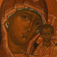 Russian Wooden Icon with Virgin of Kazan