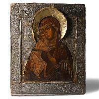 Russian Wooden Icon with Virgin Donskaya with Silver Basma