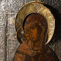 Russian Wooden Icon with Virgin Donskaya with Silver Basma