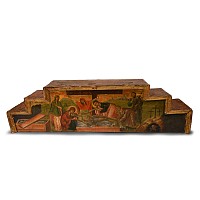 Cretan School Wooden Pedestal Cross Base with 'Descent from the Cross' Gilt Painted Scene