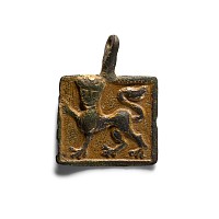 Medieval Knight's Gilt Bronze Enamelled Heraldic Horse Harness Pendant with Crowned Royal Lion