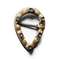 Medieval Gilt Bronze Teardrop Ring Brooch with Turrets