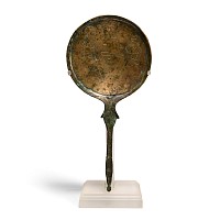 Etruscan Bronze Handled Mirror with Robed Female Dancers