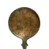 Etruscan Bronze Handled Mirror with Robed Female Dancers