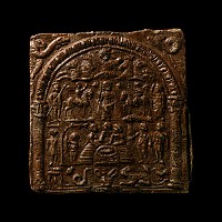 Roman Danubian Votive Lead Plaque with Dioscuri and Helen of Troy