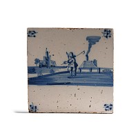 Dutch Glazed Ceramic Tile with Golf Scene