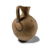 Cypriot 'Eyed' Trefoil Mouthed Pottery Jug with Swastikas