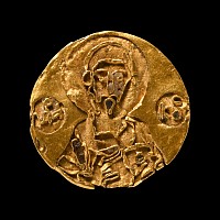 Byzantine Gold Enamel Mount of a Standing Saint and Inscription