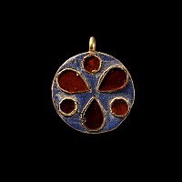 Western Asiatic Enamelled Gold Pendant with Inlaid Garnet