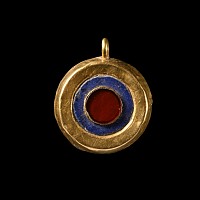 Western Asiatic Enamelled Gold Pendant with Inlaid Garnet