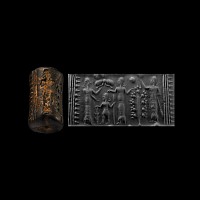 Mesopotamian Black Stone Cylinder Seal with Healing Scene